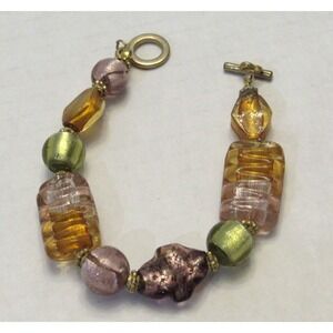 Chunky Glass Bead Bracelet Gold Tone Artsy Artisan Boho Hippie Earthy Metallic